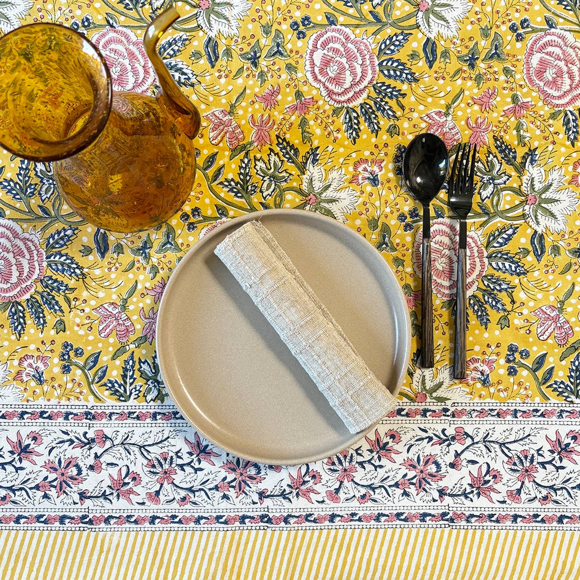 Nappe coton imprimé blockprint - "Un jardin à Porquerolles"