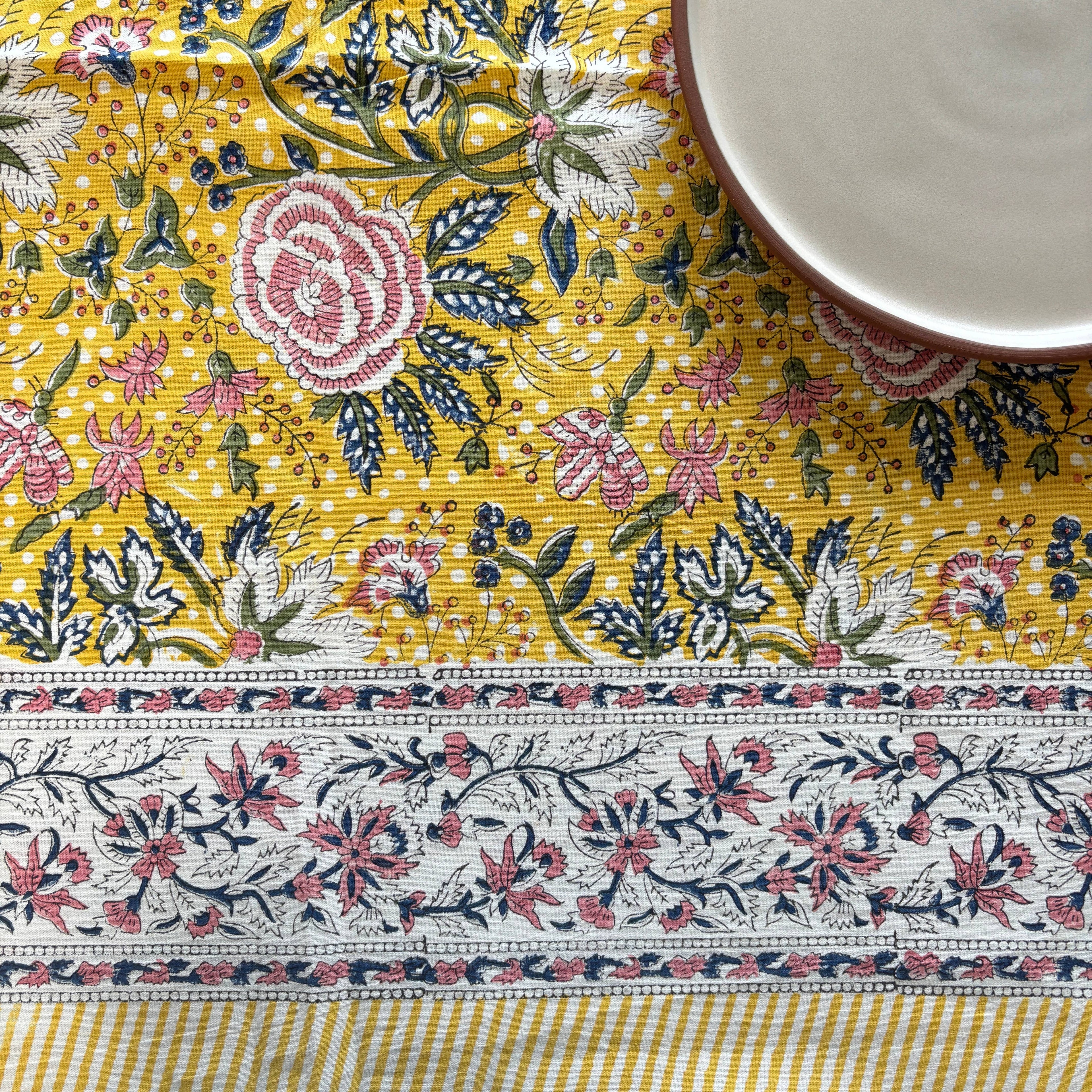 Nappe coton imprimé blockprint - "Un jardin à Porquerolles"