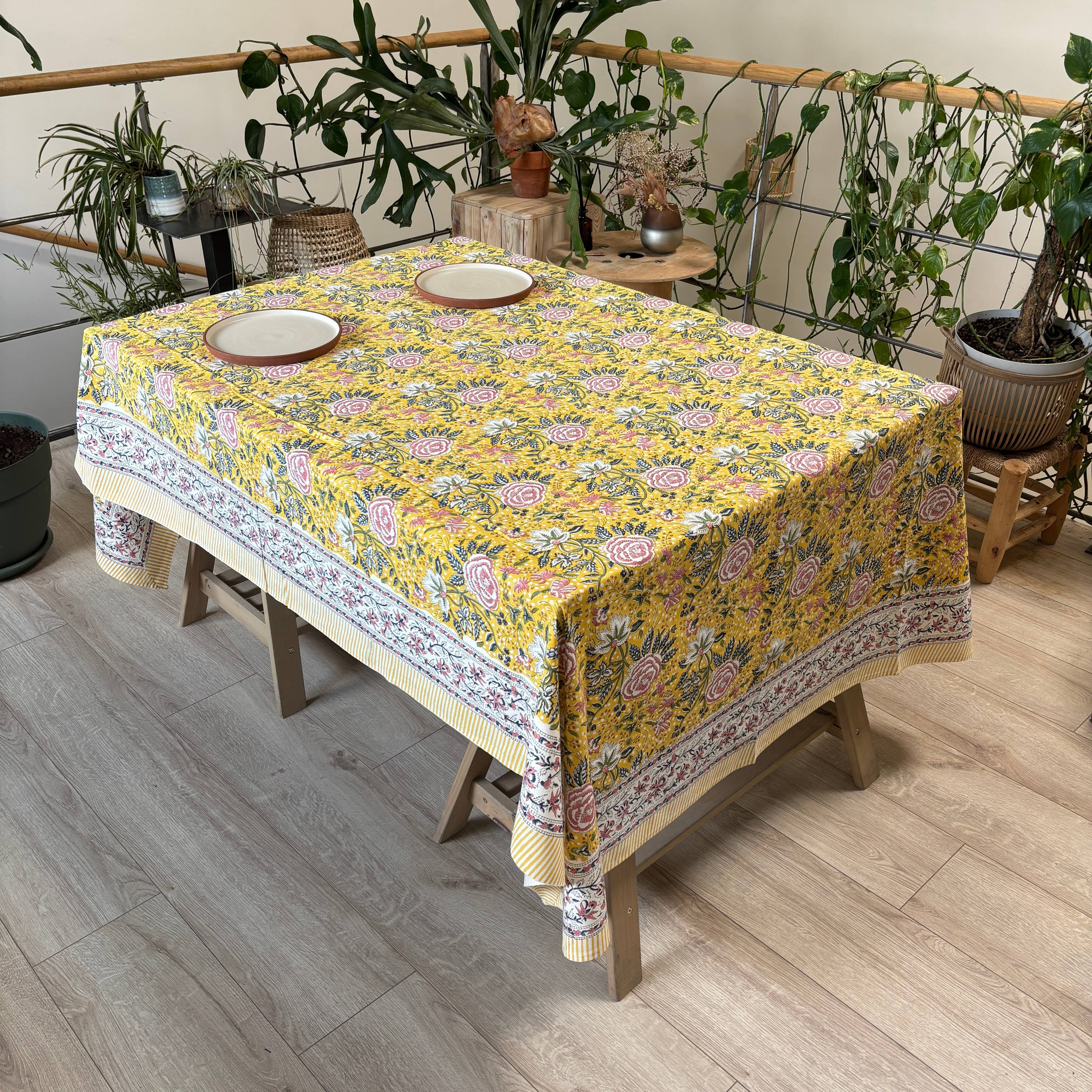 Nappe coton imprimé blockprint - "Un jardin à Porquerolles"